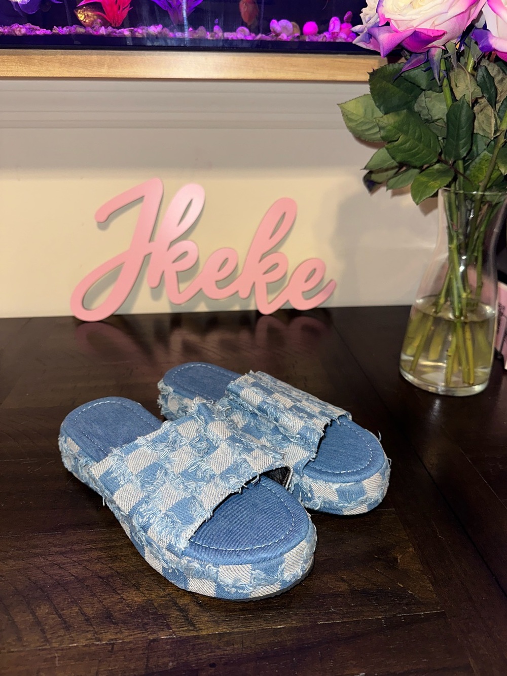 Blue Plaid Denim Slip-on Platform Slides sizes 6, 7